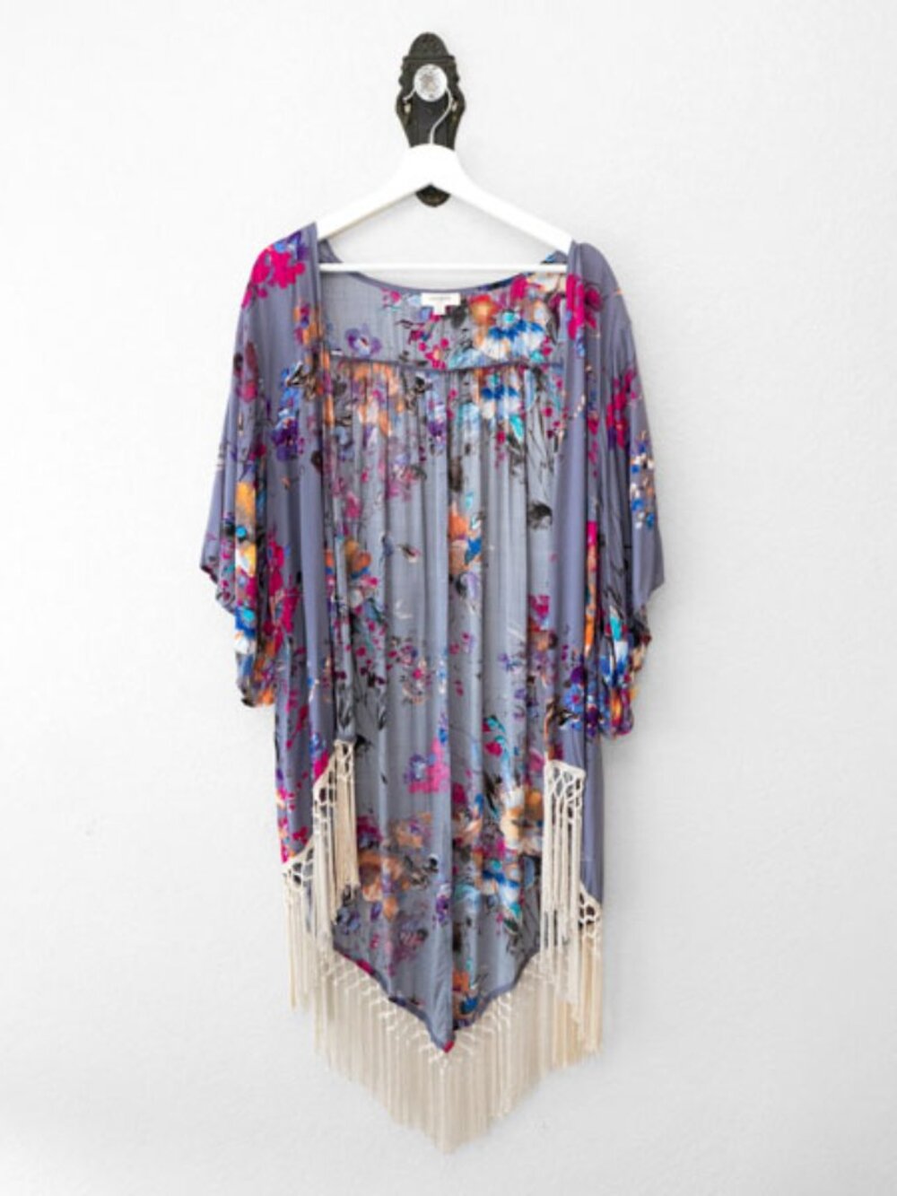 Umgee Floral Kimono Fringe S/M Boho Duster Sheer Festival Cover Up Cottagecore